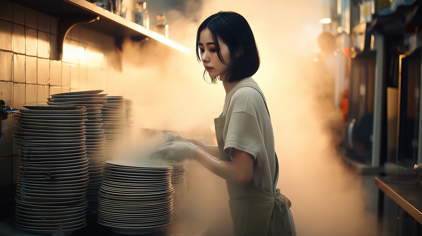 김이 서린 식당 주방에서 설거지하는 모습