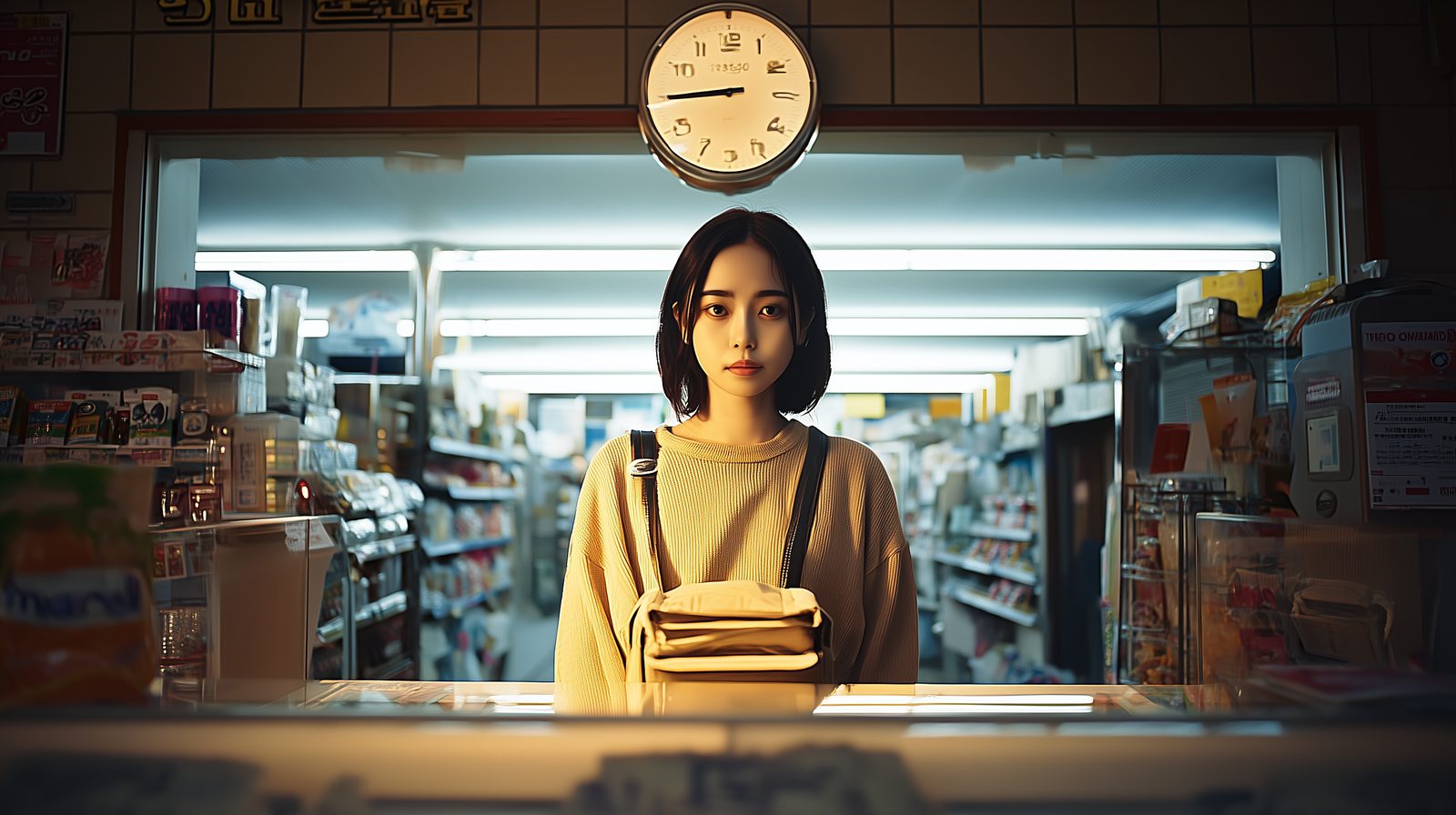 새벽 편의점 카운터에 홀로 선 모습